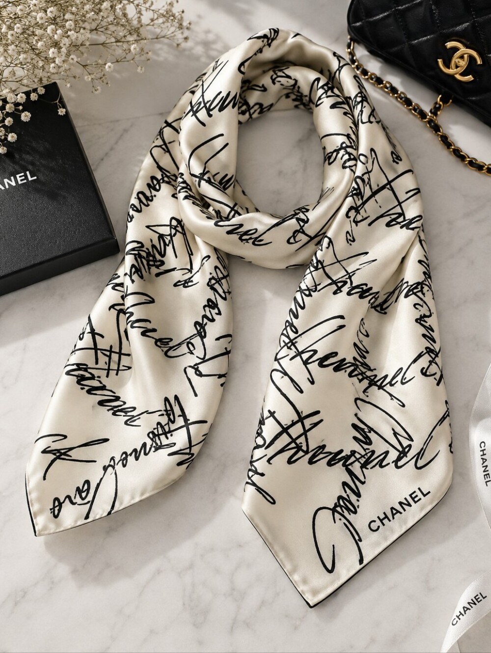 Vintage CHANEL Script Logo Scarf Silk Wool Angora Cream Black 13x52 CC